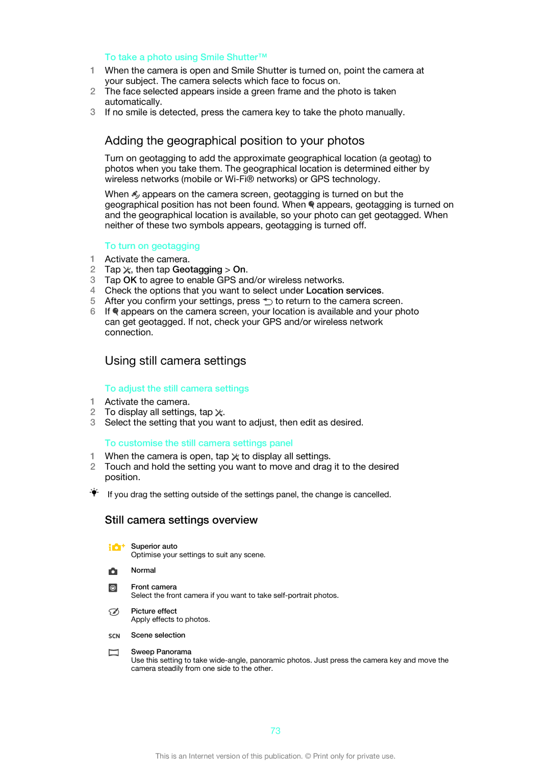 Sony 1270-6439, 1270-4315, 1270-6440, 1270-6441 Adding the geographical position to your photos, Using still camera settings 