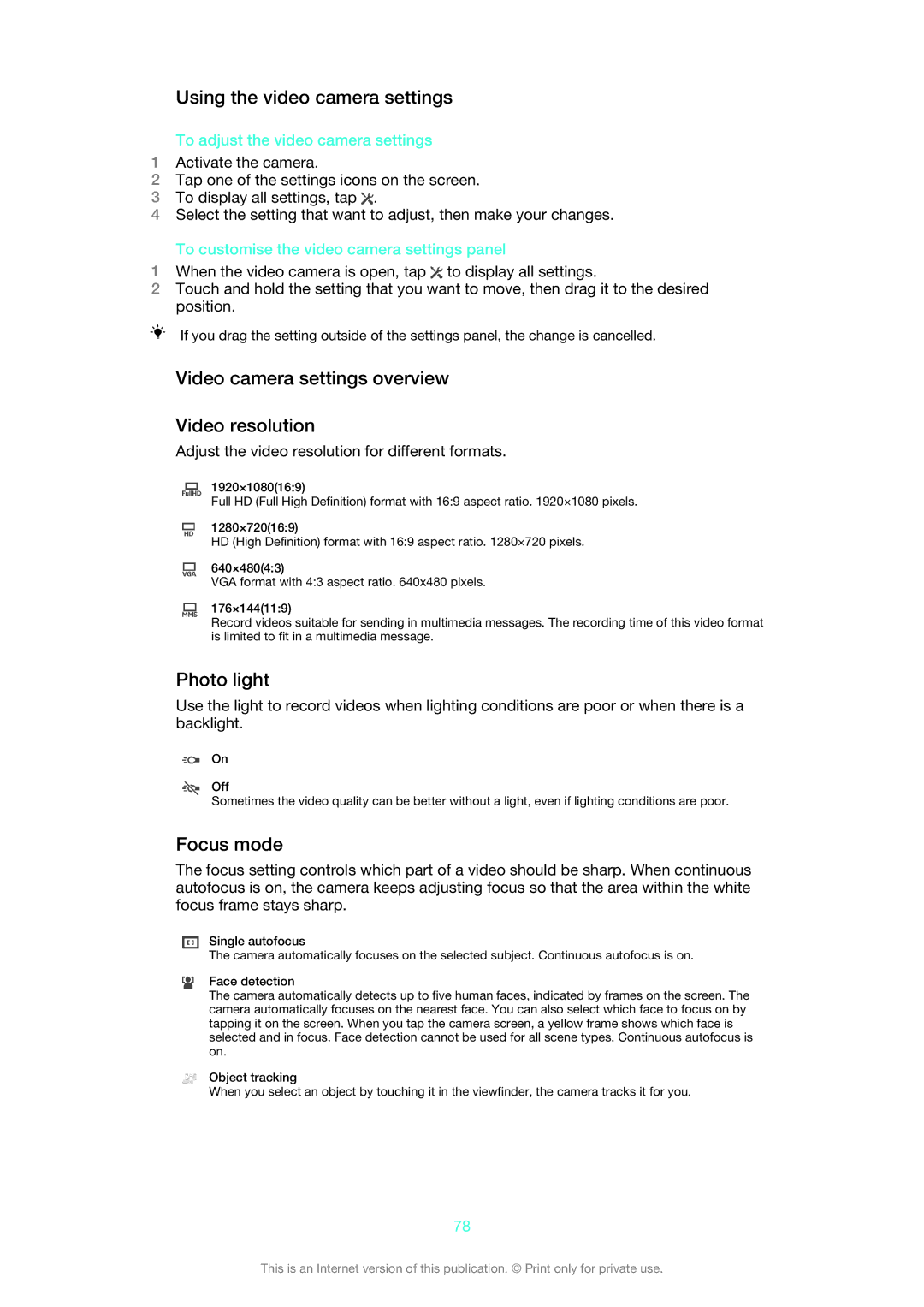 Sony 1270-6439 Using the video camera settings, Video camera settings overview Video resolution, Photo light, Focus mode 