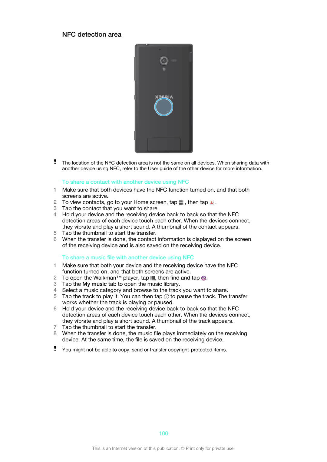 Sony C6502RED, 1270-4315, 1270-6440, 1270-6439 NFC detection area, To share a contact with another device using NFC, 100 