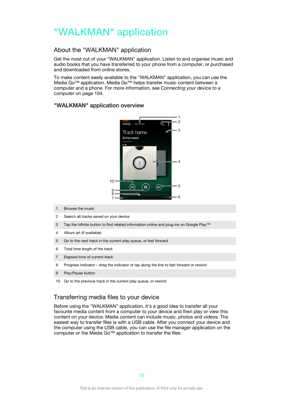 Sony 1270-6441 About the WALKMAN application, Transferring media files to your device, WALKMAN application overview 