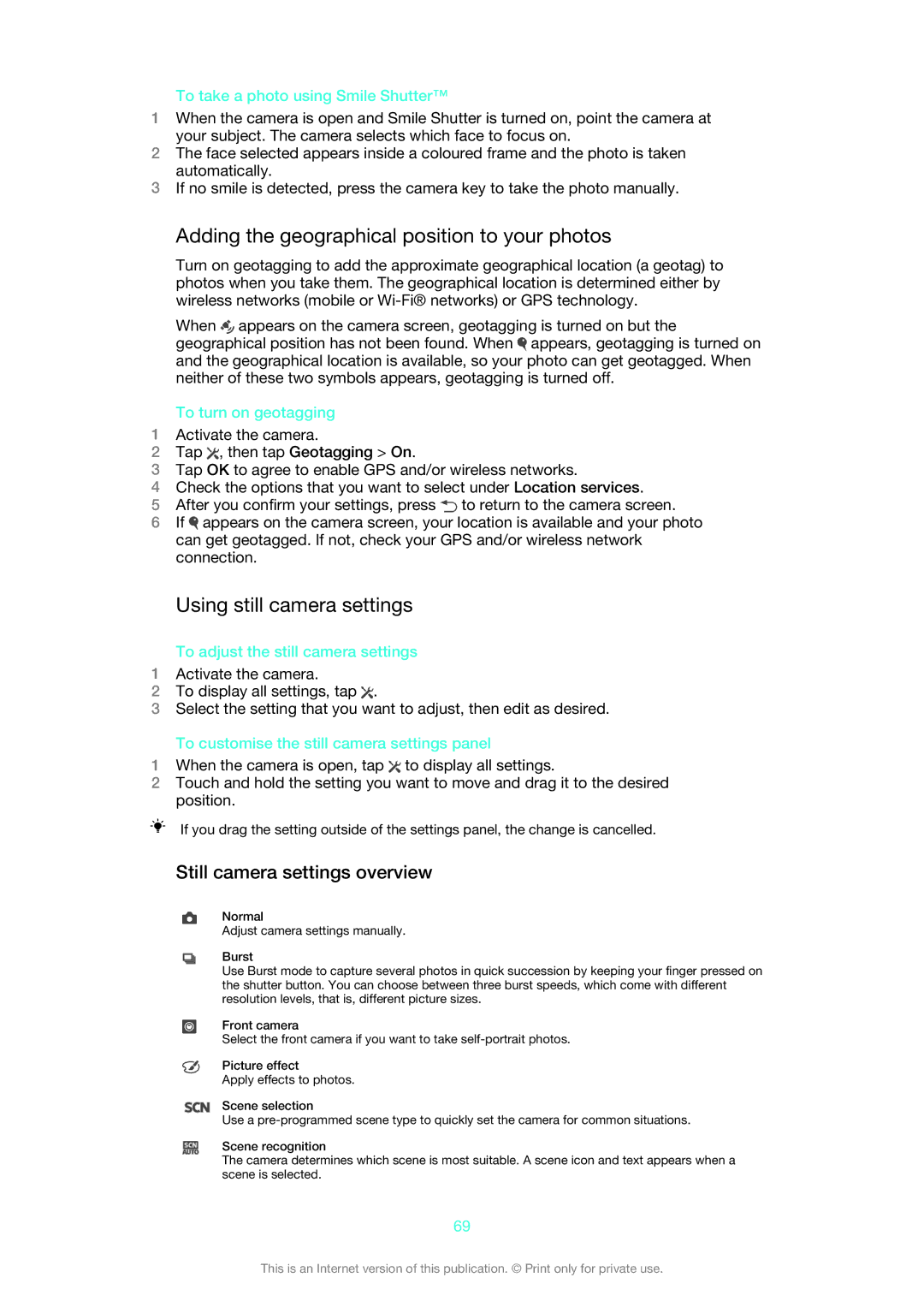 Sony 1271-1960, 1271-1959, 1271-1957, C2105 Adding the geographical position to your photos, Using still camera settings 