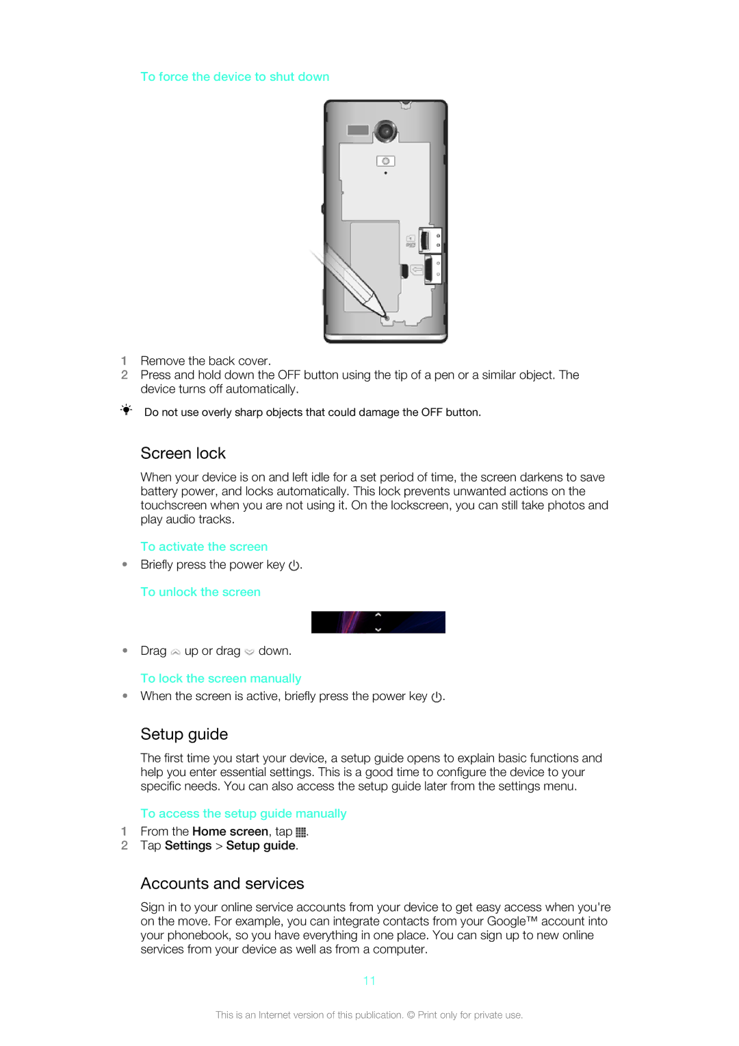 Sony 1271-4773, 1271-4774 manual Screen lock, Setup guide, Accounts and services 