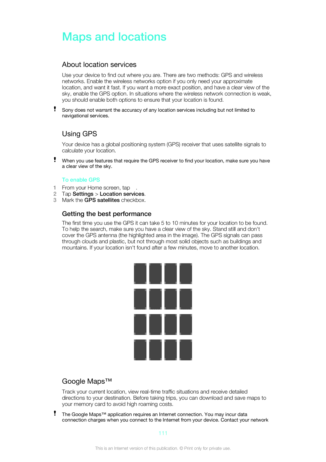 Sony 1271-4773 manual Maps and locations, About location services, Using GPS, Google Maps, Getting the best performance 