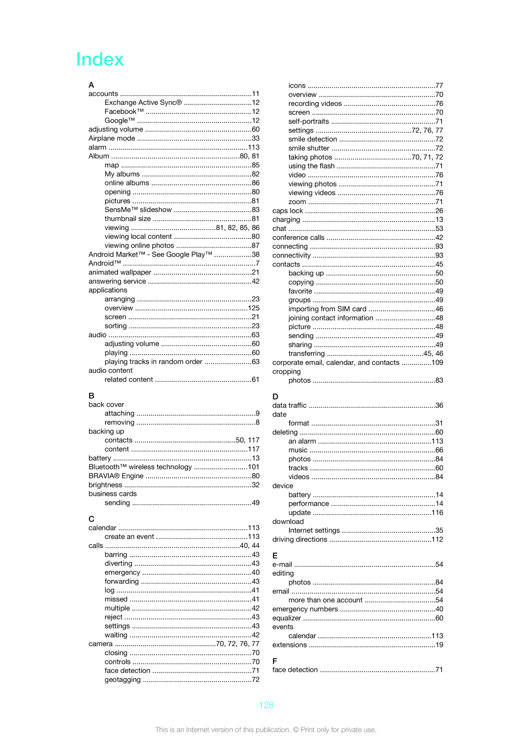 Sony 1271-4774, 1271-4773 manual Index, 128 