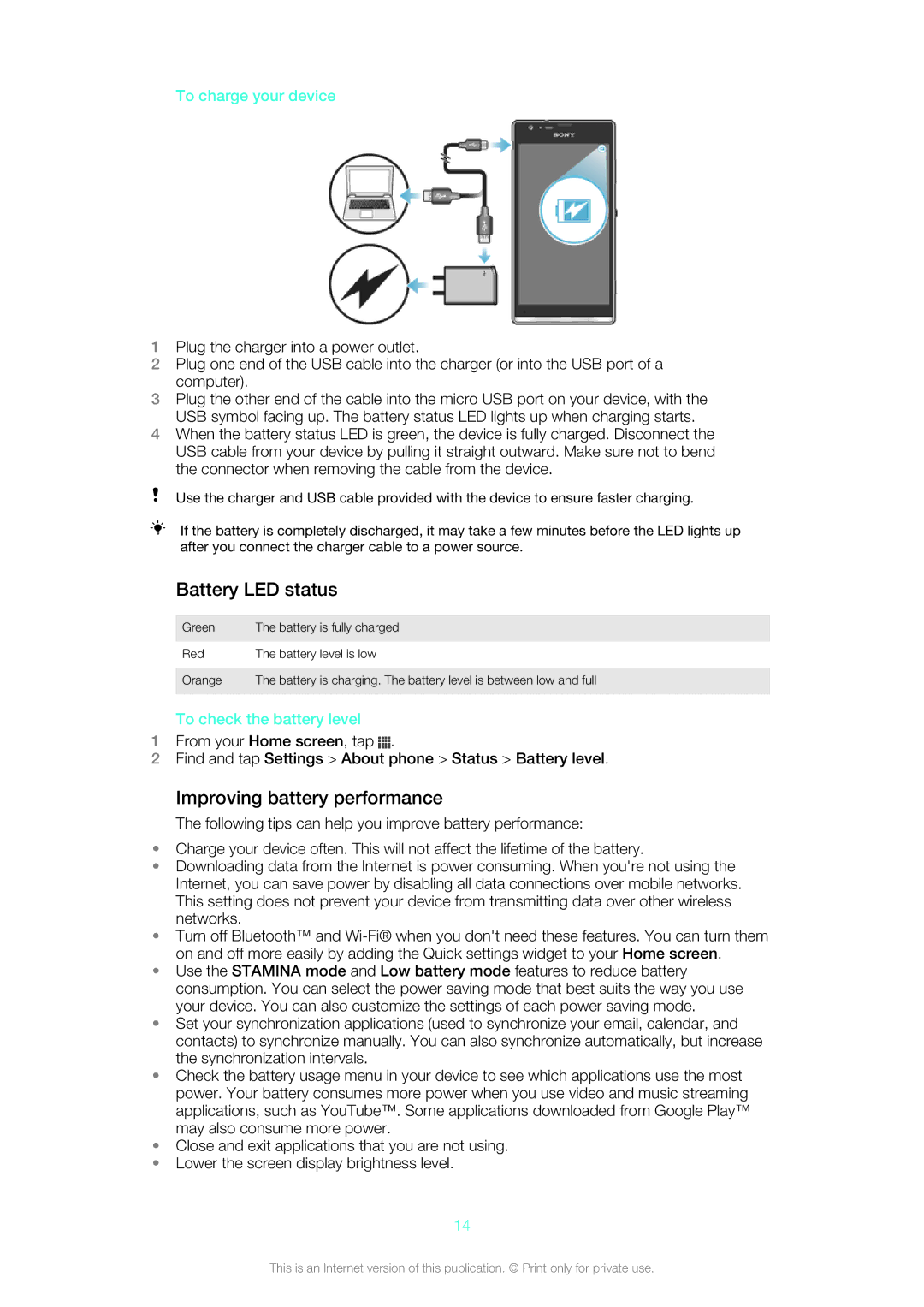 Sony 1271-4774 manual Battery LED status, Improving battery performance, To charge your device, To check the battery level 