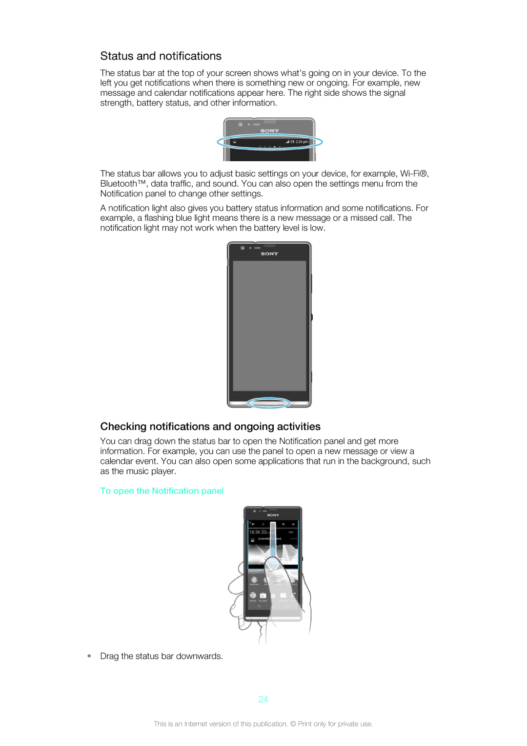 Sony 1271-4774 Status and notifications, Checking notifications and ongoing activities, To open the Notification panel 