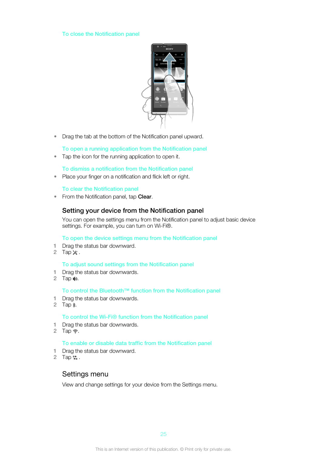 Sony 1271-4773, 1271-4774 manual Settings menu, Setting your device from the Notification panel 