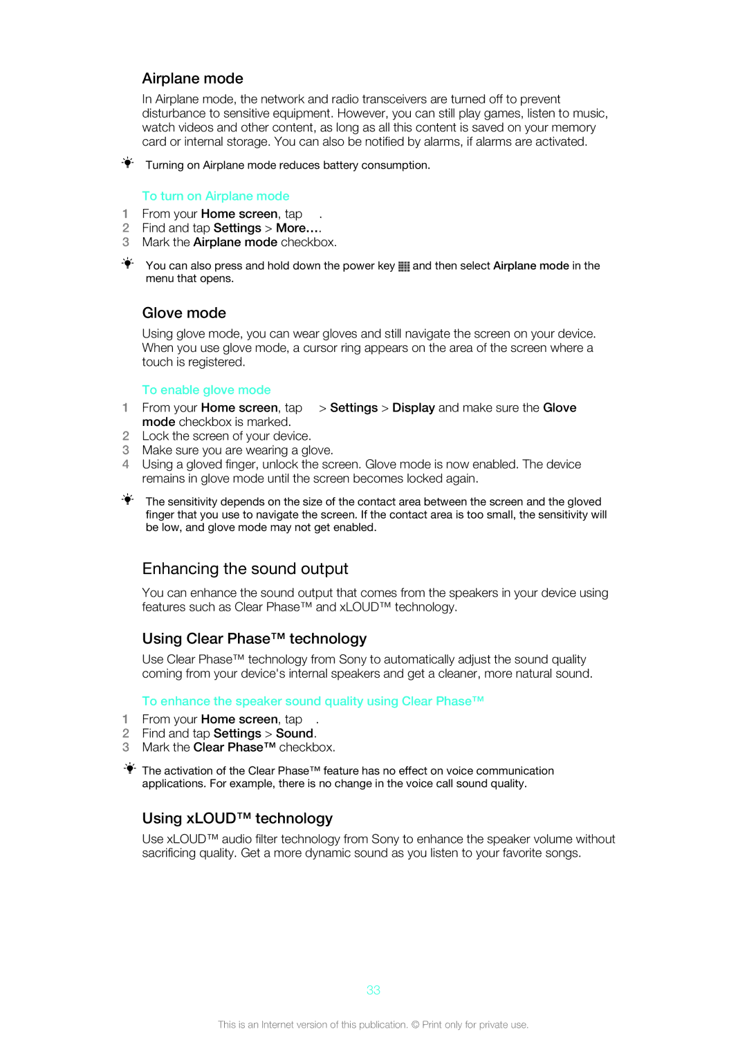 Sony 1271-4773 Enhancing the sound output, Airplane mode, Glove mode, Using Clear Phase technology, Using xLOUD technology 