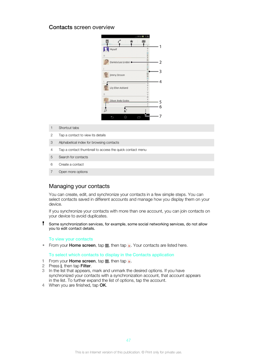 Sony 1271-4773, 1271-4774 manual Contacts screen overview, Managing your contacts, To view your contacts 