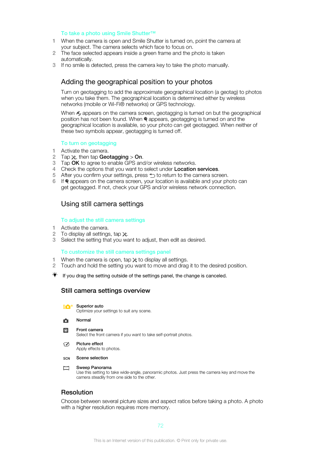 Sony 1271-4774, 1271-4773 manual Adding the geographical position to your photos, Using still camera settings, Resolution 