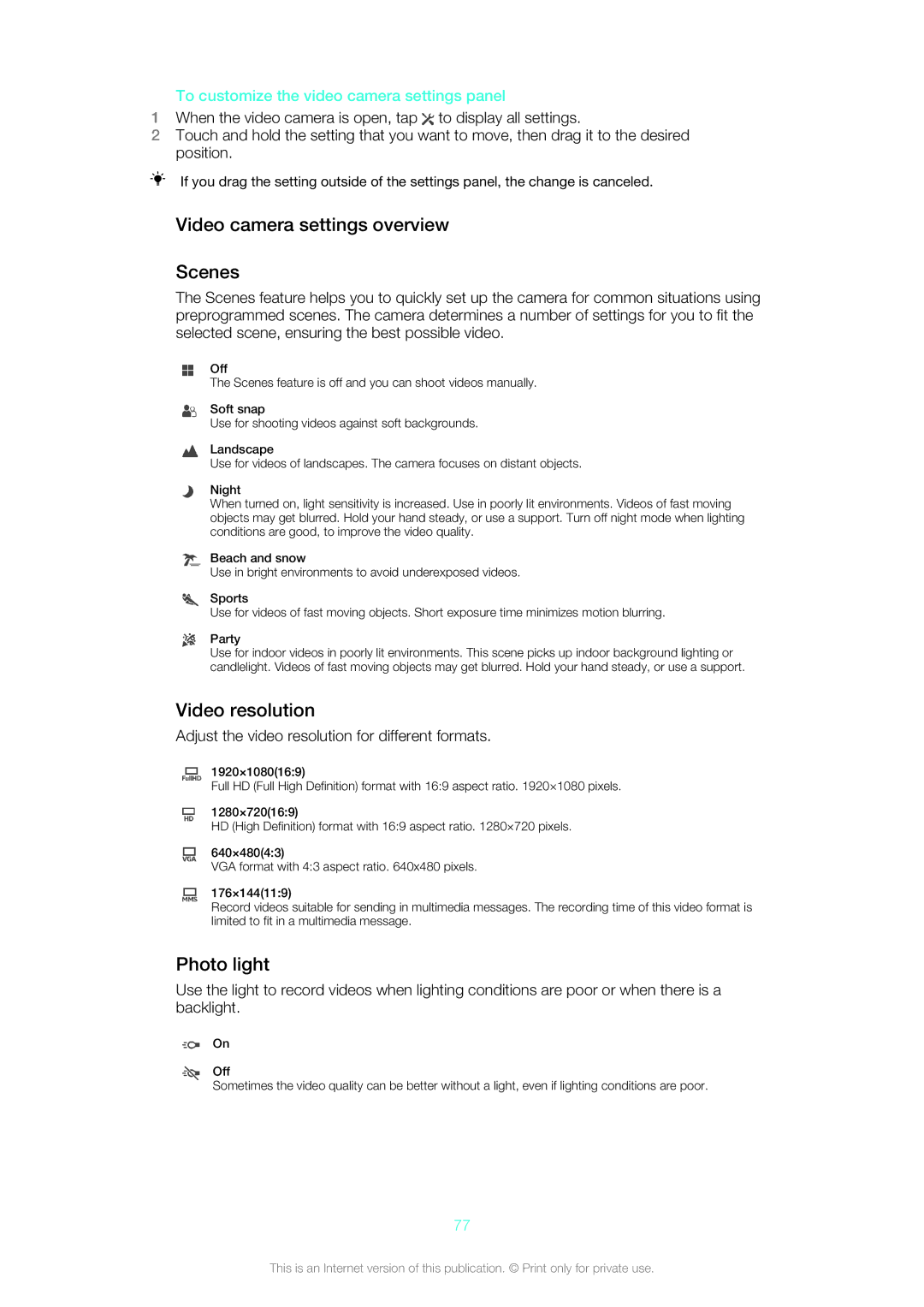 Sony 1271-4773, 1271-4774 manual Video camera settings overview Scenes, Video resolution, Photo light 