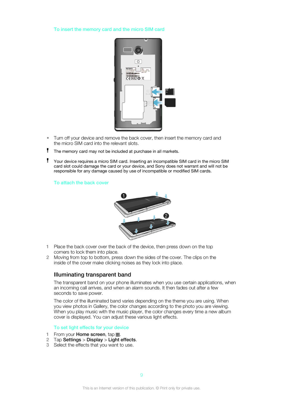 Sony 1271-4773 Illuminating transparent band, To insert the memory card and the micro SIM card, To attach the back cover 