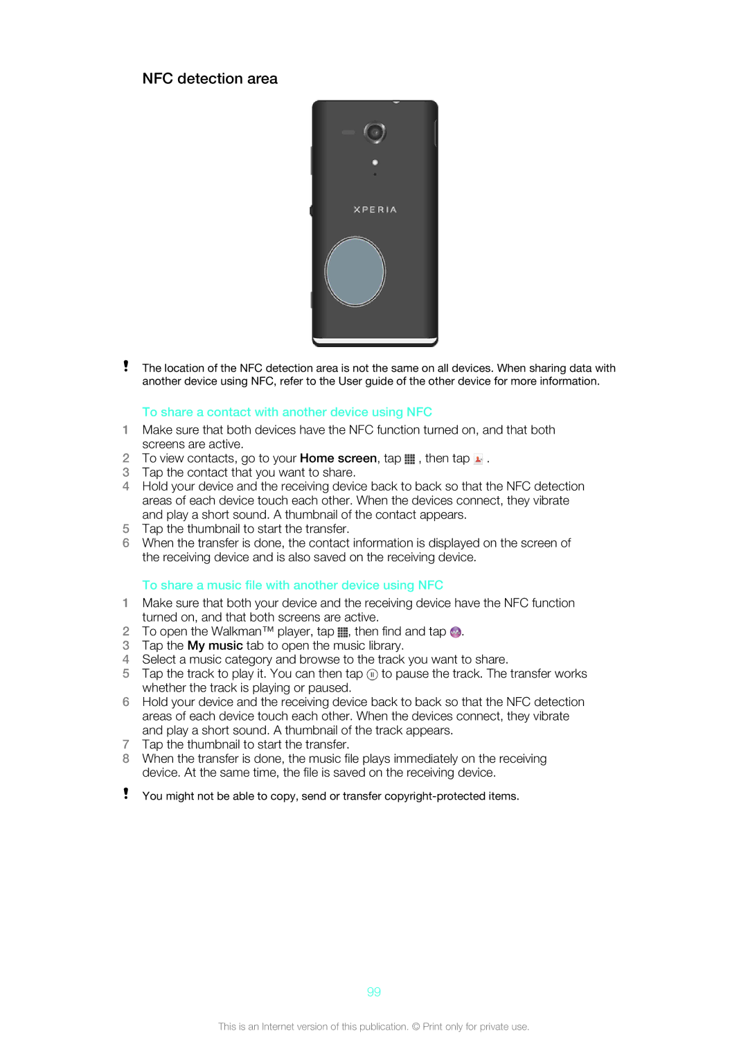 Sony 1271-4773, 1271-4774 manual NFC detection area, To share a contact with another device using NFC 