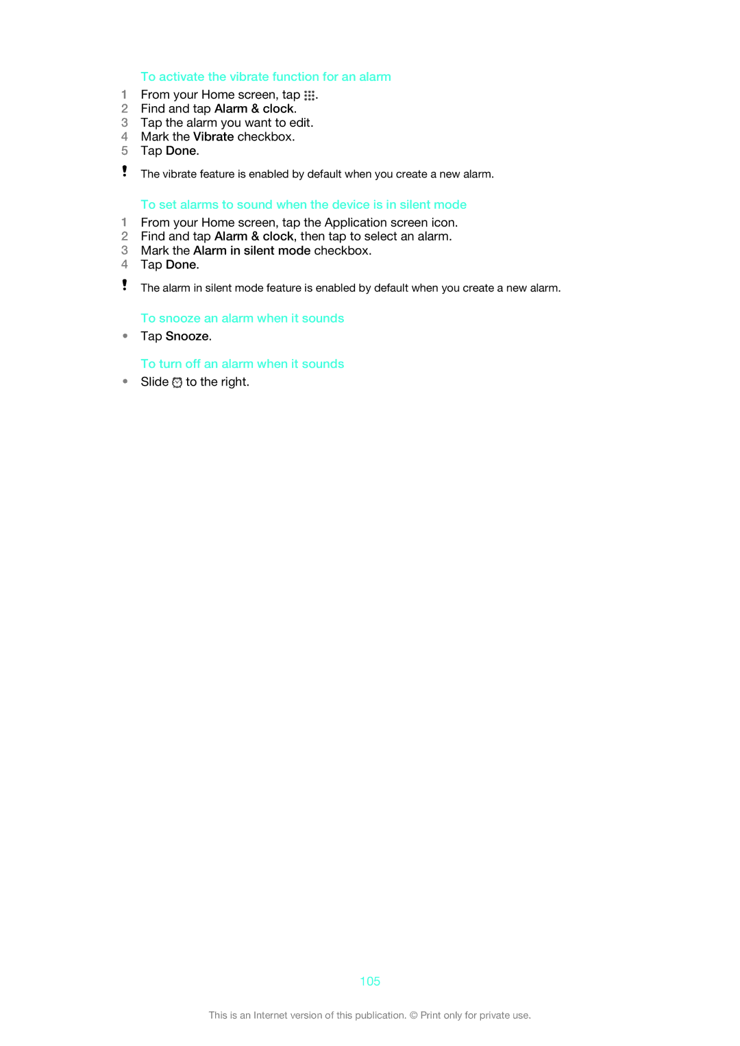 Sony 1273-5759 To activate the vibrate function for an alarm, To set alarms to sound when the device is in silent mode 