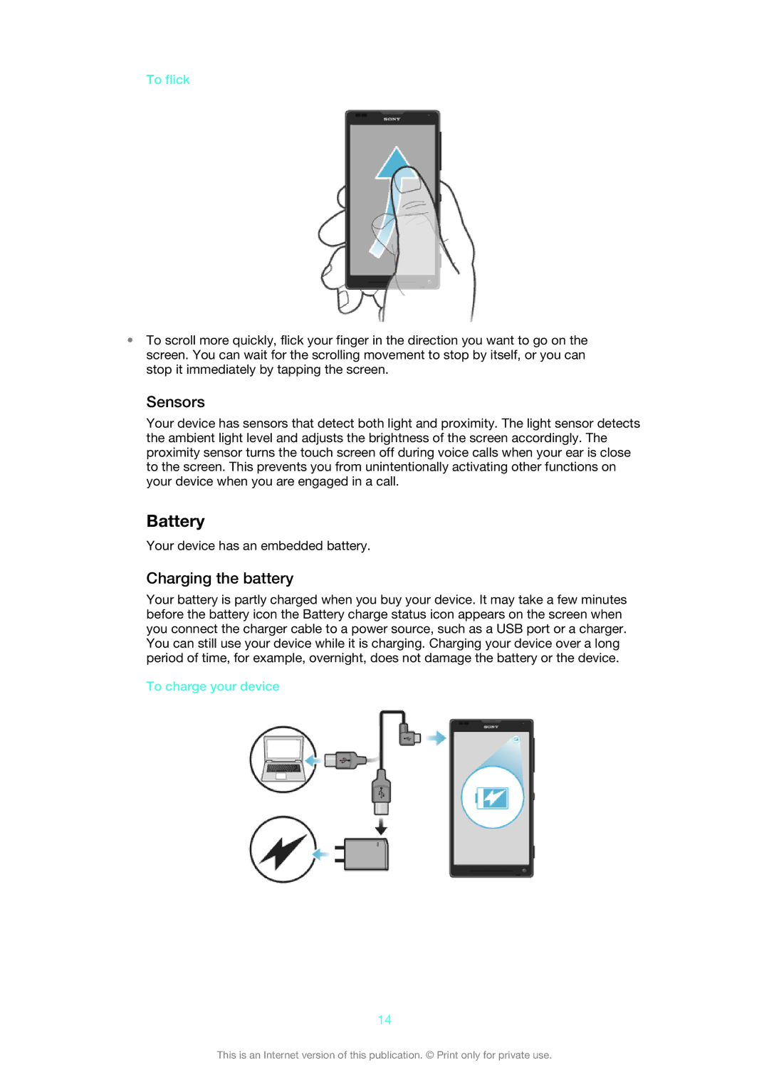 Sony 1273-2352, 1273-5759 manual Battery, Sensors, Charging the battery, To flick, To charge your device 