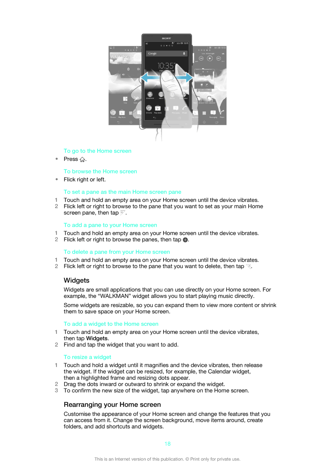 Sony 1273-2352, 1273-5759 manual Widgets, Rearranging your Home screen 