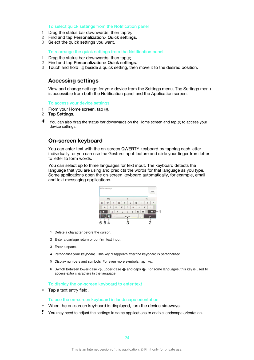 Sony 1273-2352, 1273-5759 manual Accessing settings, On-screen keyboard 