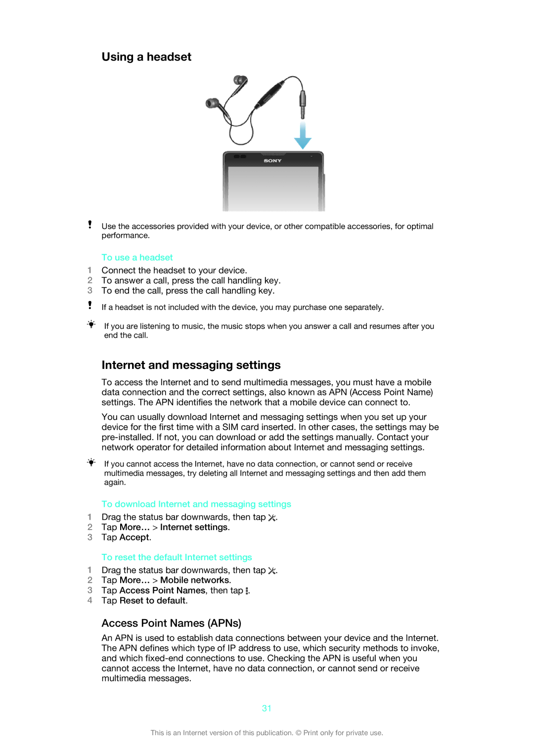 Sony 1273-5759, 1273-2352 manual Using a headset, Internet and messaging settings, Access Point Names APNs 