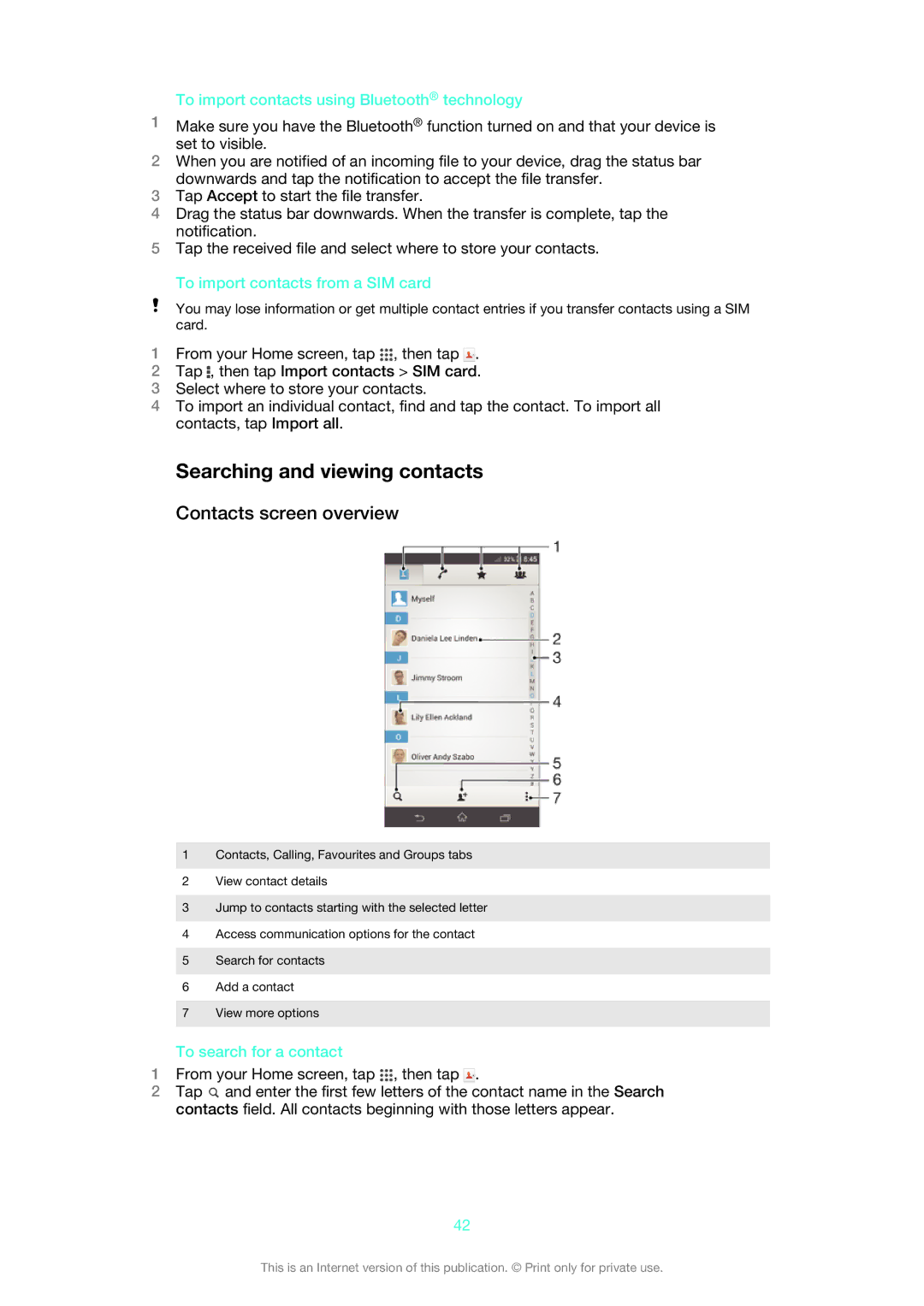 Sony 1273-2352 Searching and viewing contacts, Contacts screen overview, To import contacts using Bluetooth technology 