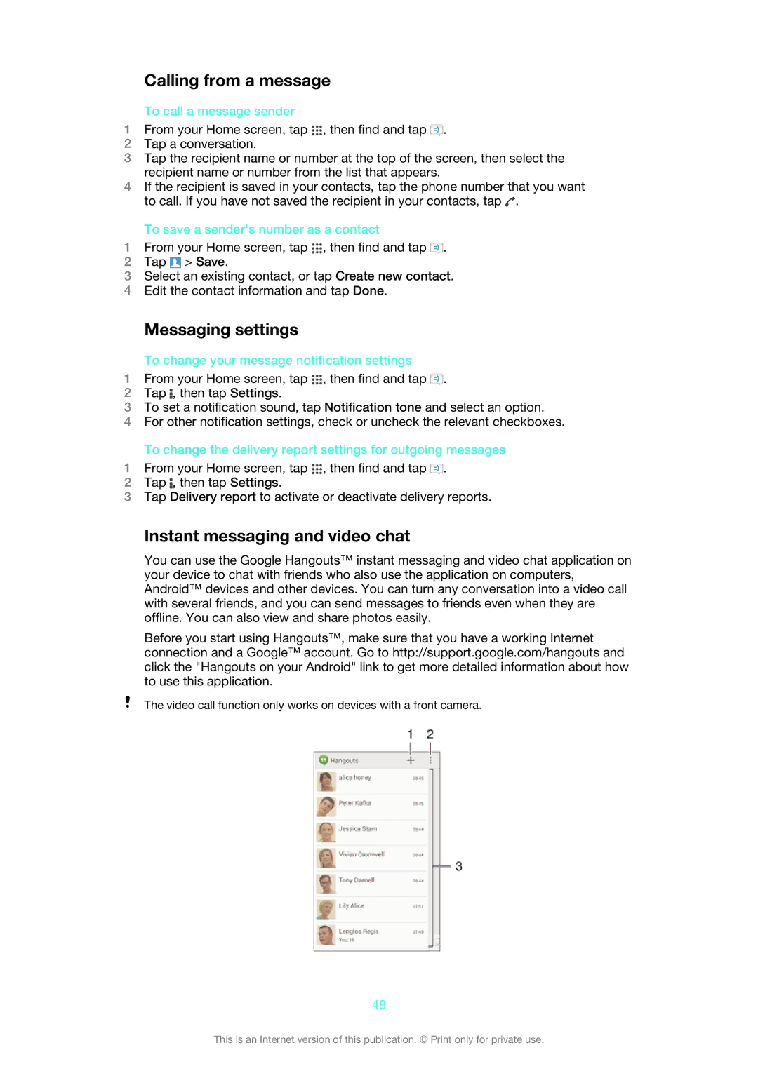 Sony 1273-2352, 1273-5759 manual Calling from a message, Messaging settings, Instant messaging and video chat 