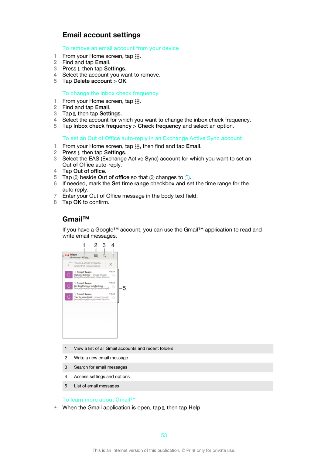 Sony 1273-5759 manual Email account settings, To remove an email account from your device, To learn more about Gmail 