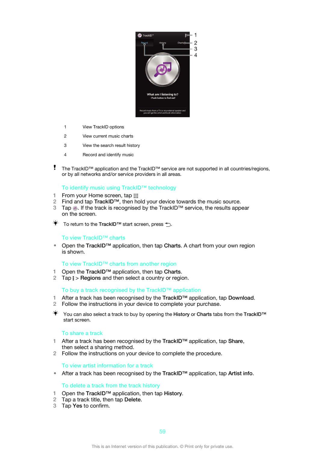 Sony 1273-5759, 1273-2352 manual To identify music using TrackID technology, To view TrackID charts, To share a track 
