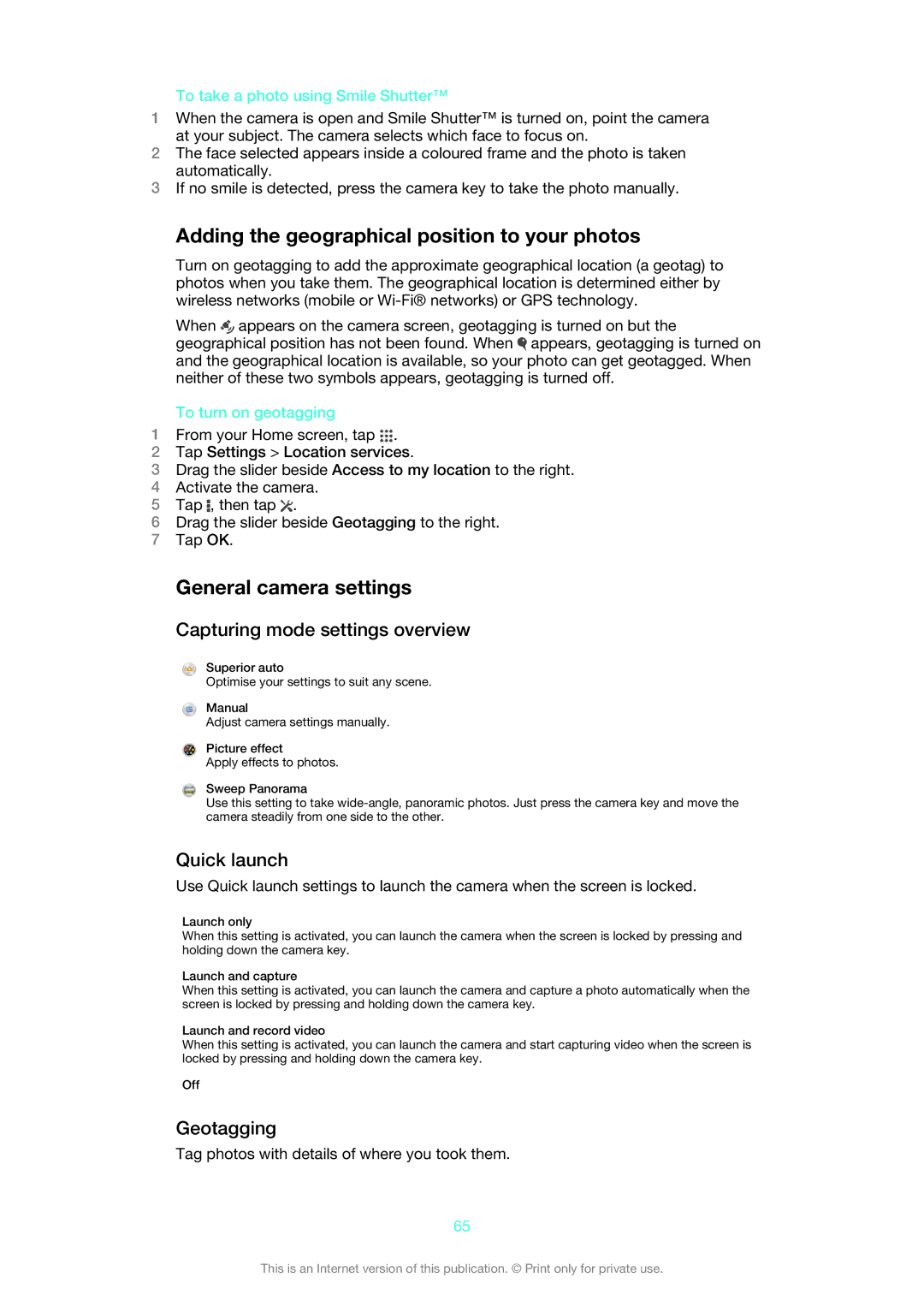 Sony 1273-5759 Adding the geographical position to your photos, General camera settings, Capturing mode settings overview 