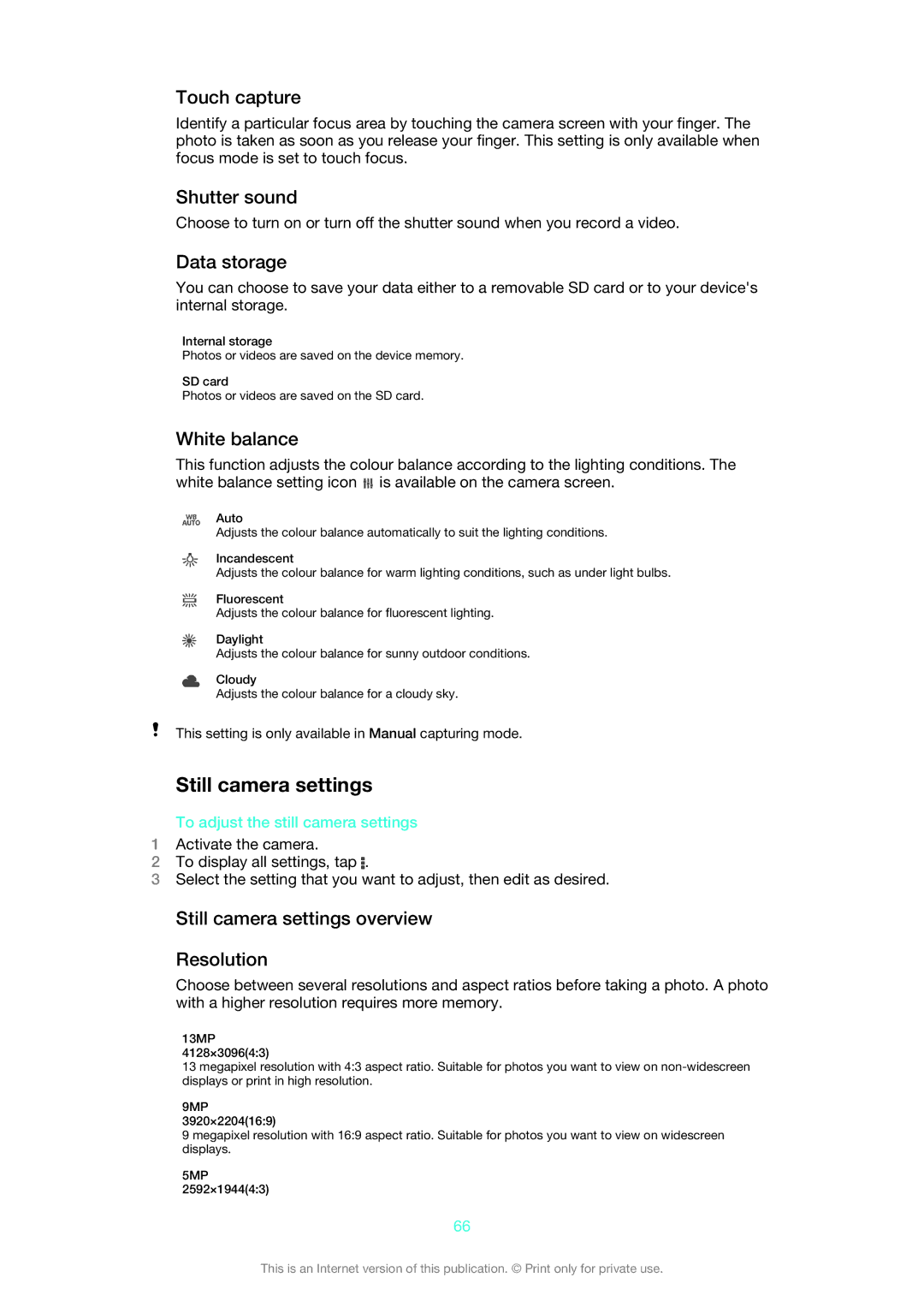 Sony 1273-2352, 1273-5759 manual Still camera settings 