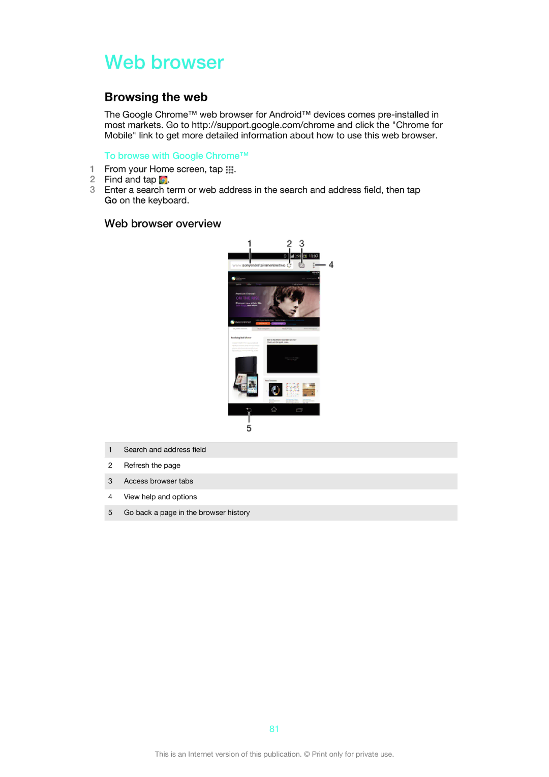 Sony 1273-5759, 1273-2352 manual Browsing the web, Web browser overview, To browse with Google Chrome 