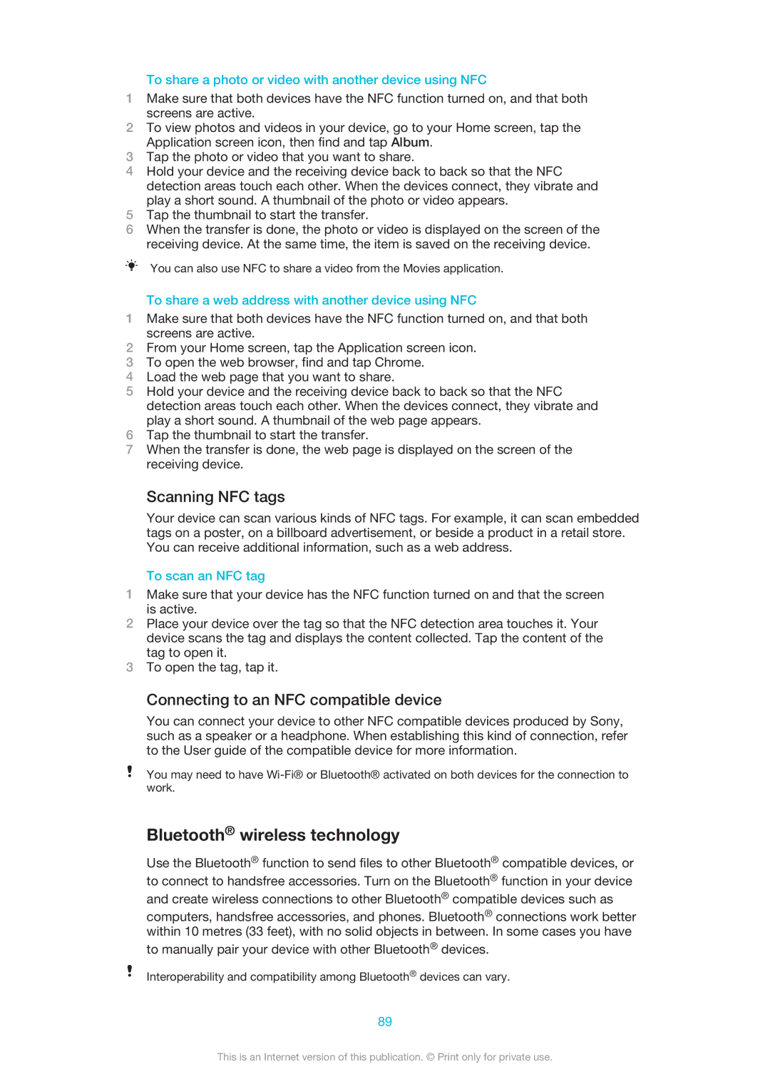 Sony 1273-5759, 1273-2352 manual Bluetooth wireless technology, Scanning NFC tags, Connecting to an NFC compatible device 