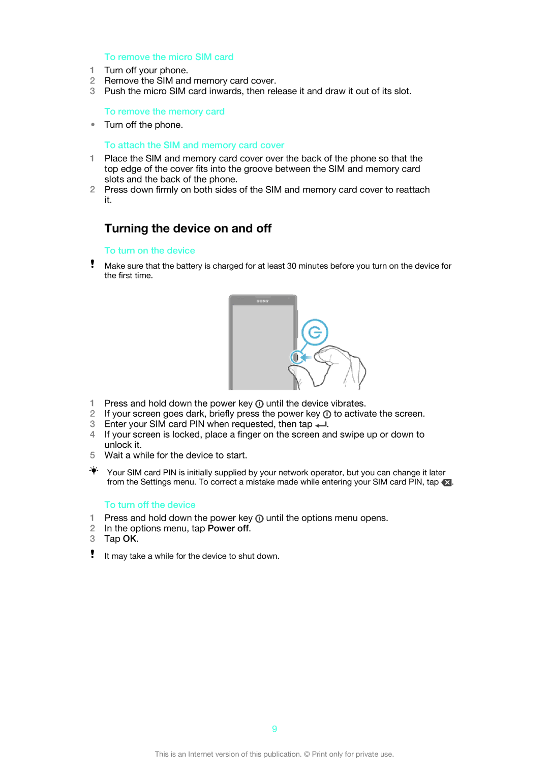 Sony 1273-5759, 1273-2352 manual Turning the device on and off 