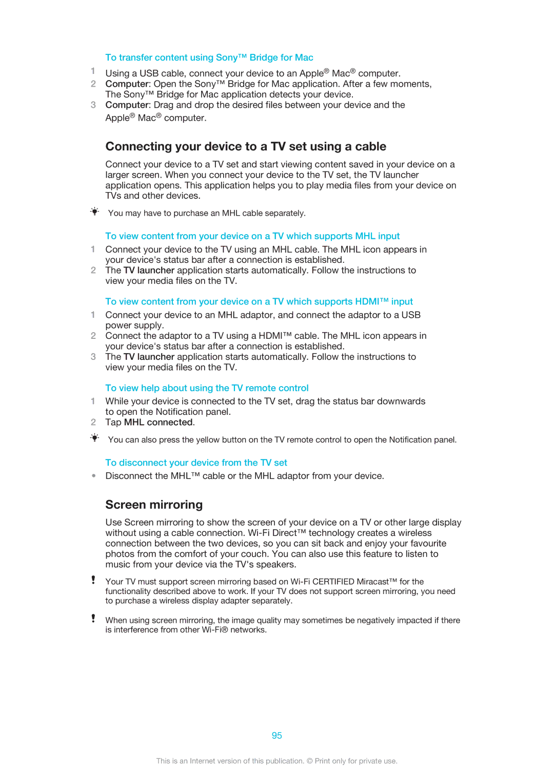 Sony 1273-5759, 1273-2352 manual Connecting your device to a TV set using a cable, Screen mirroring 