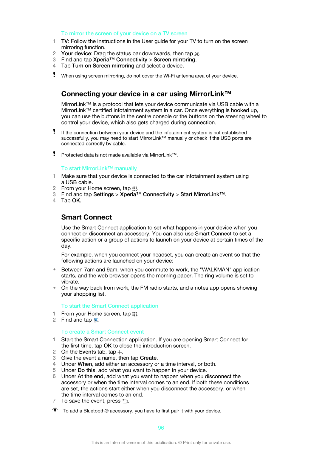 Sony 1273-2352, 1273-5759 manual Connecting your device in a car using MirrorLink, Smart Connect 