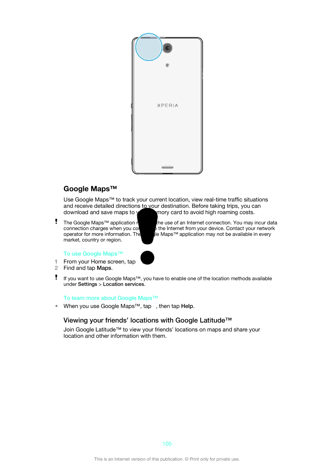 Sony 1273-4977 manual Viewing your friends’ locations with Google Latitude, To use Google Maps, 105 