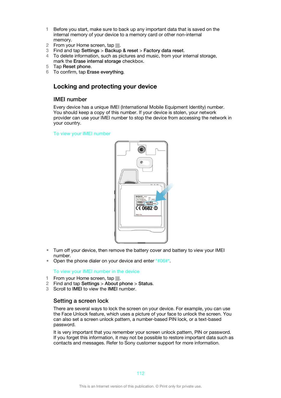 Sony 1273-4977 manual Locking and protecting your device, Imei number, Setting a screen lock 