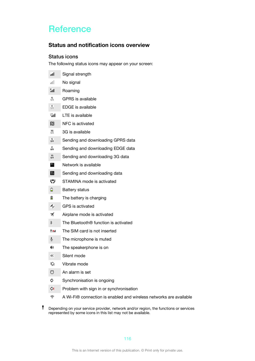 Sony 1273-4977 manual Reference, Status and notification icons overview, Status icons, 116 