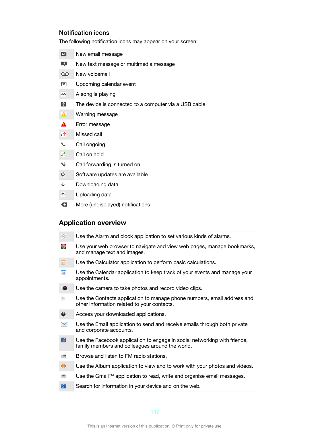 Sony 1273-4977 manual Application overview, Notification icons, 117 