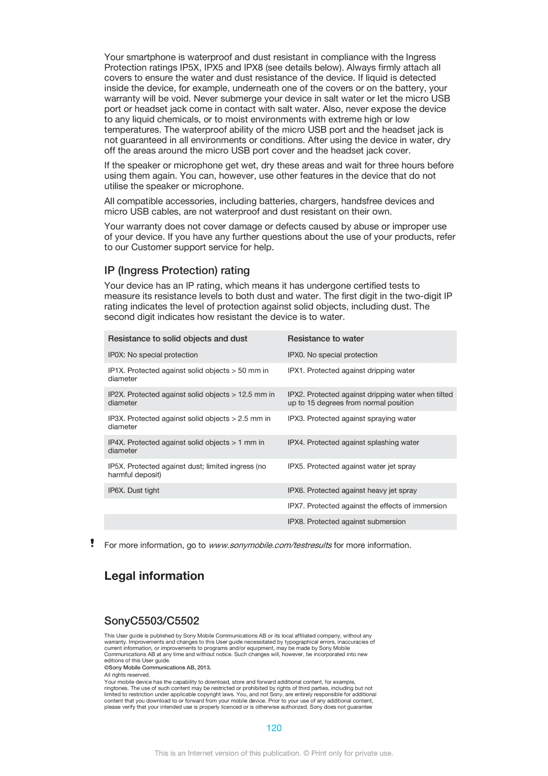 Sony 1273-4977 manual Legal information, IP Ingress Protection rating, SonyC5503/C5502, 120 