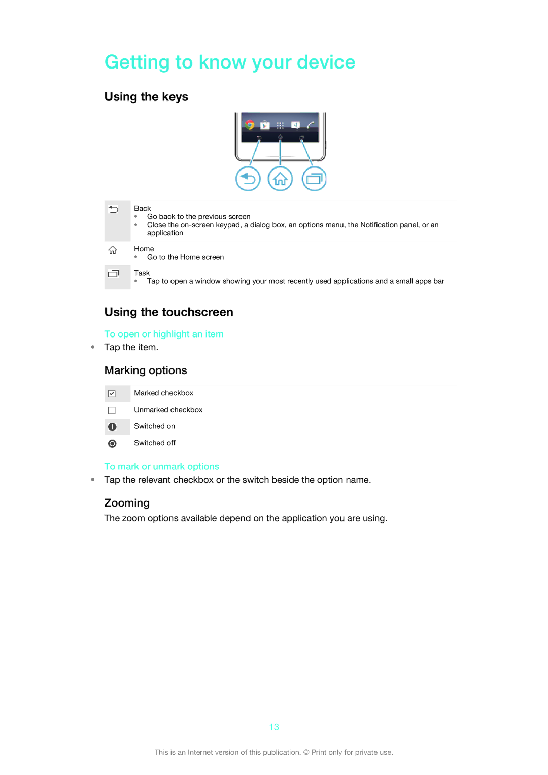 Sony 1273-4977 manual Getting to know your device, Using the keys, Using the touchscreen, Marking options, Zooming 