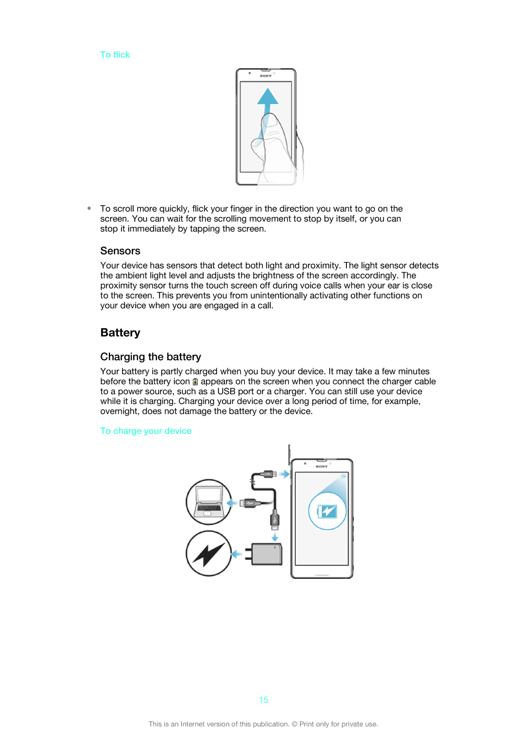 Sony 1273-4977 manual Battery, Sensors, Charging the battery, To flick, To charge your device 