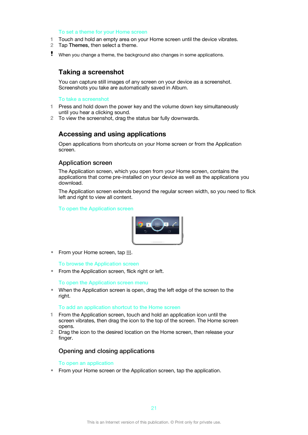 Sony 1273-4977 Taking a screenshot, Accessing and using applications, Application screen, Opening and closing applications 