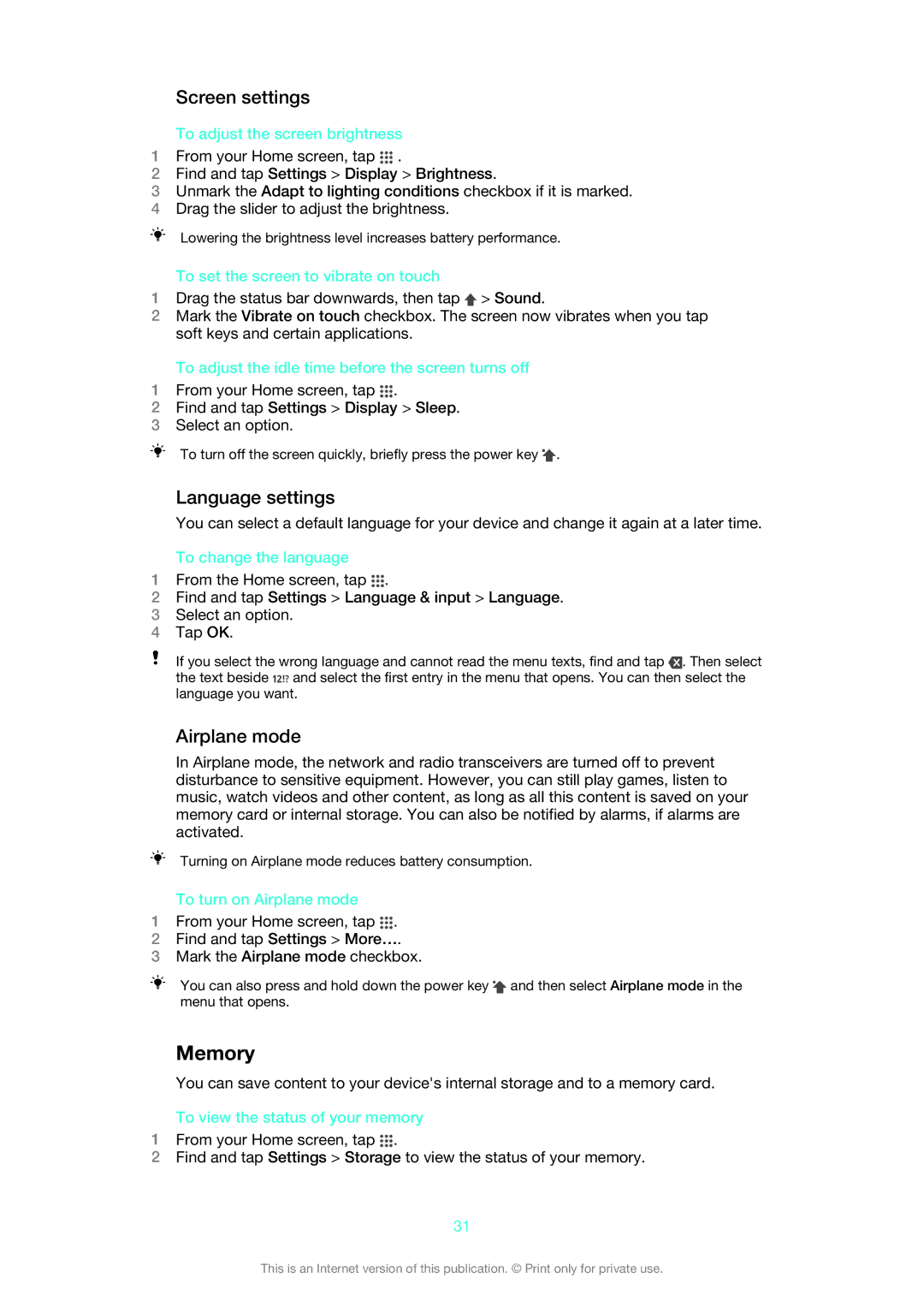 Sony 1273-4977 manual Memory, Screen settings, Language settings, Airplane mode 