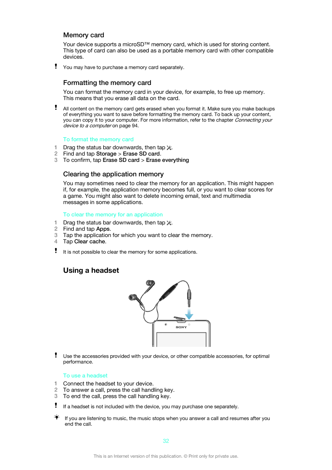 Sony 1273-4977 manual Using a headset, Memory card, Formatting the memory card, Clearing the application memory 