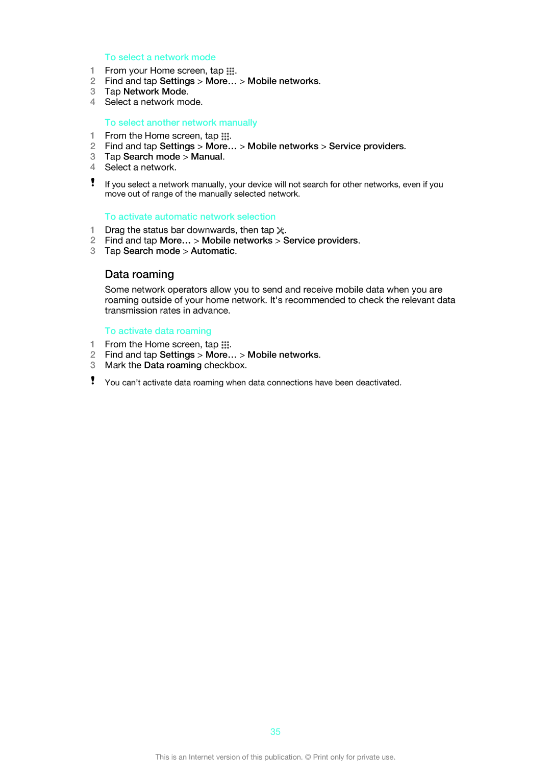 Sony 1273-4977 Data roaming, To select a network mode, To select another network manually, To activate data roaming 