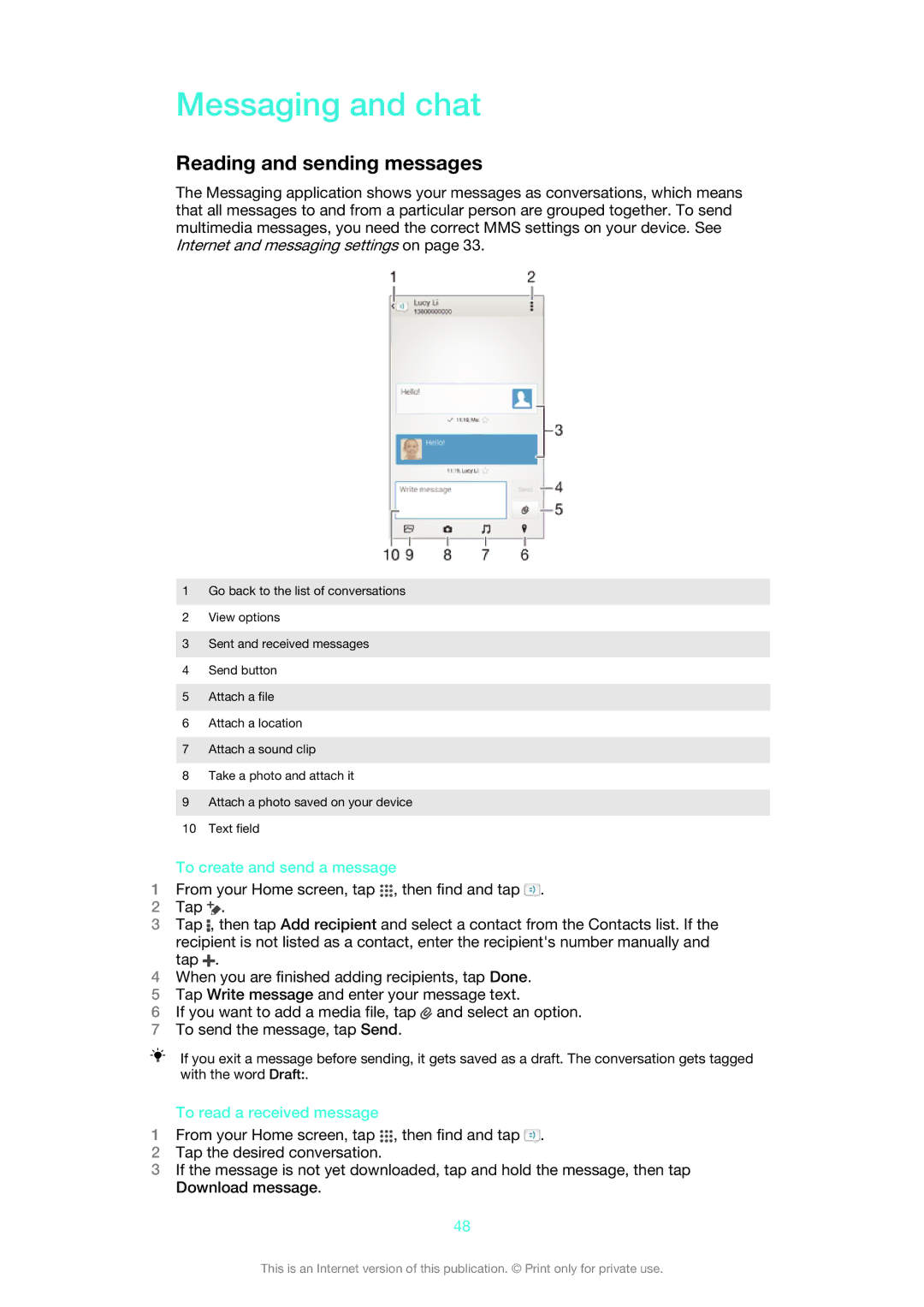 Sony 1273-4977 Messaging and chat, Reading and sending messages, To create and send a message, To read a received message 