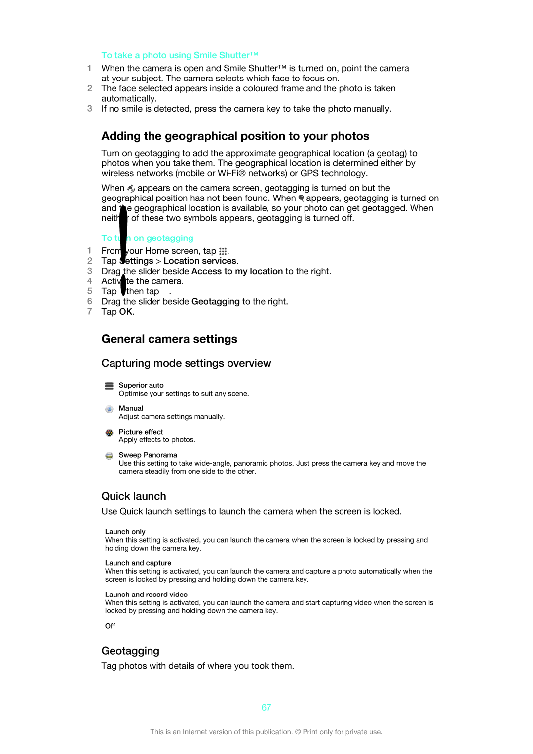 Sony 1273-4977 Adding the geographical position to your photos, General camera settings, Capturing mode settings overview 