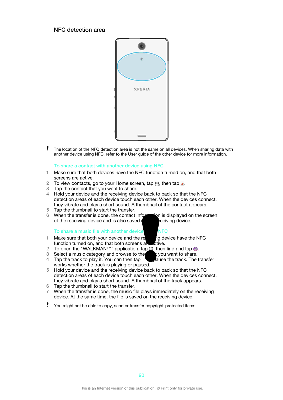 Sony 1273-4977 manual NFC detection area, To share a contact with another device using NFC 