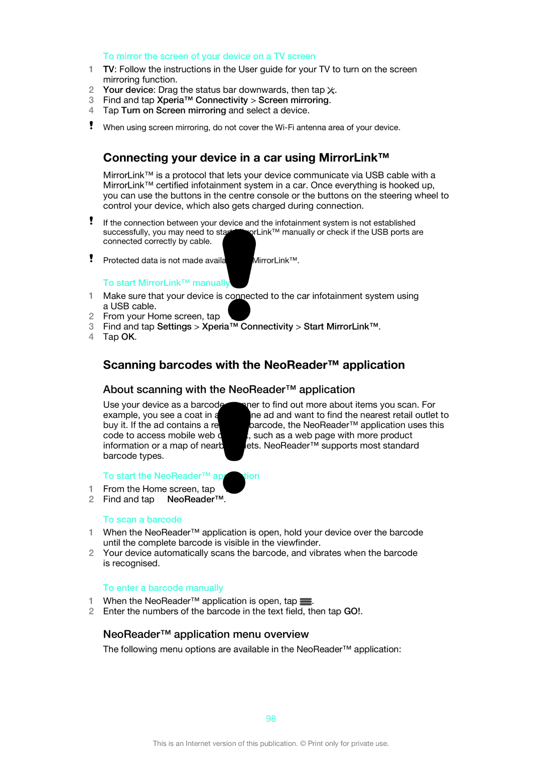 Sony 1273-4977 manual Connecting your device in a car using MirrorLink, Scanning barcodes with the NeoReader application 