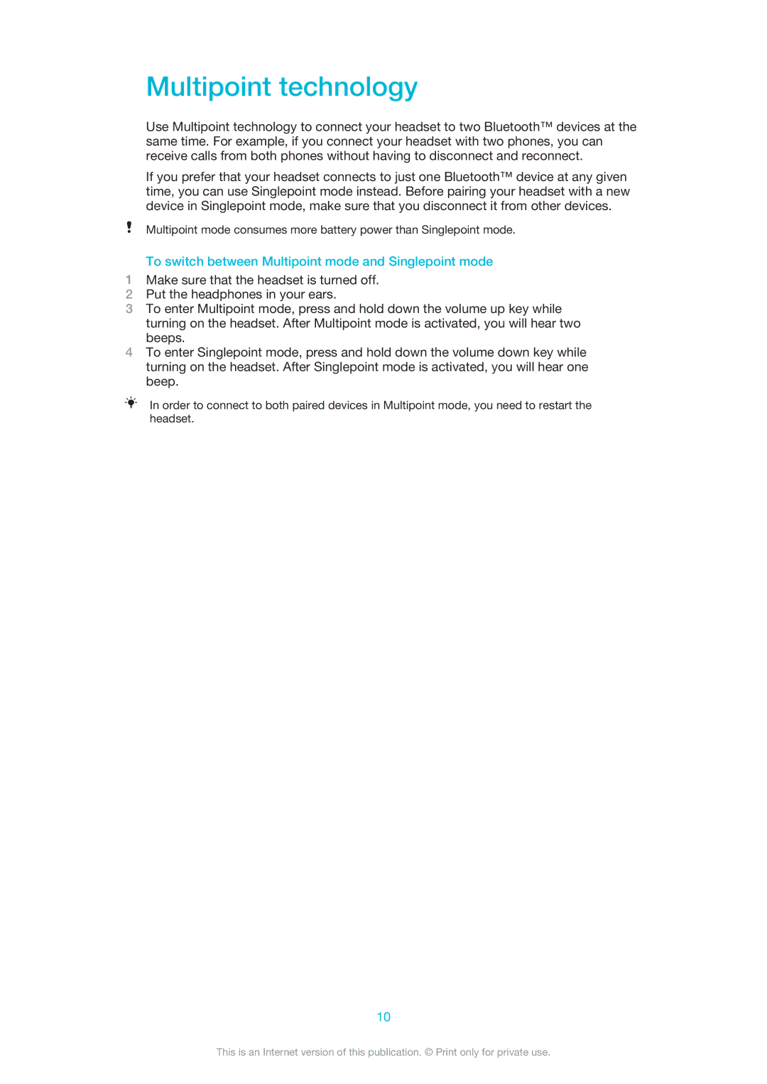 Sony 12745637, 12708070 manual Multipoint technology, To switch between Multipoint mode and Singlepoint mode 