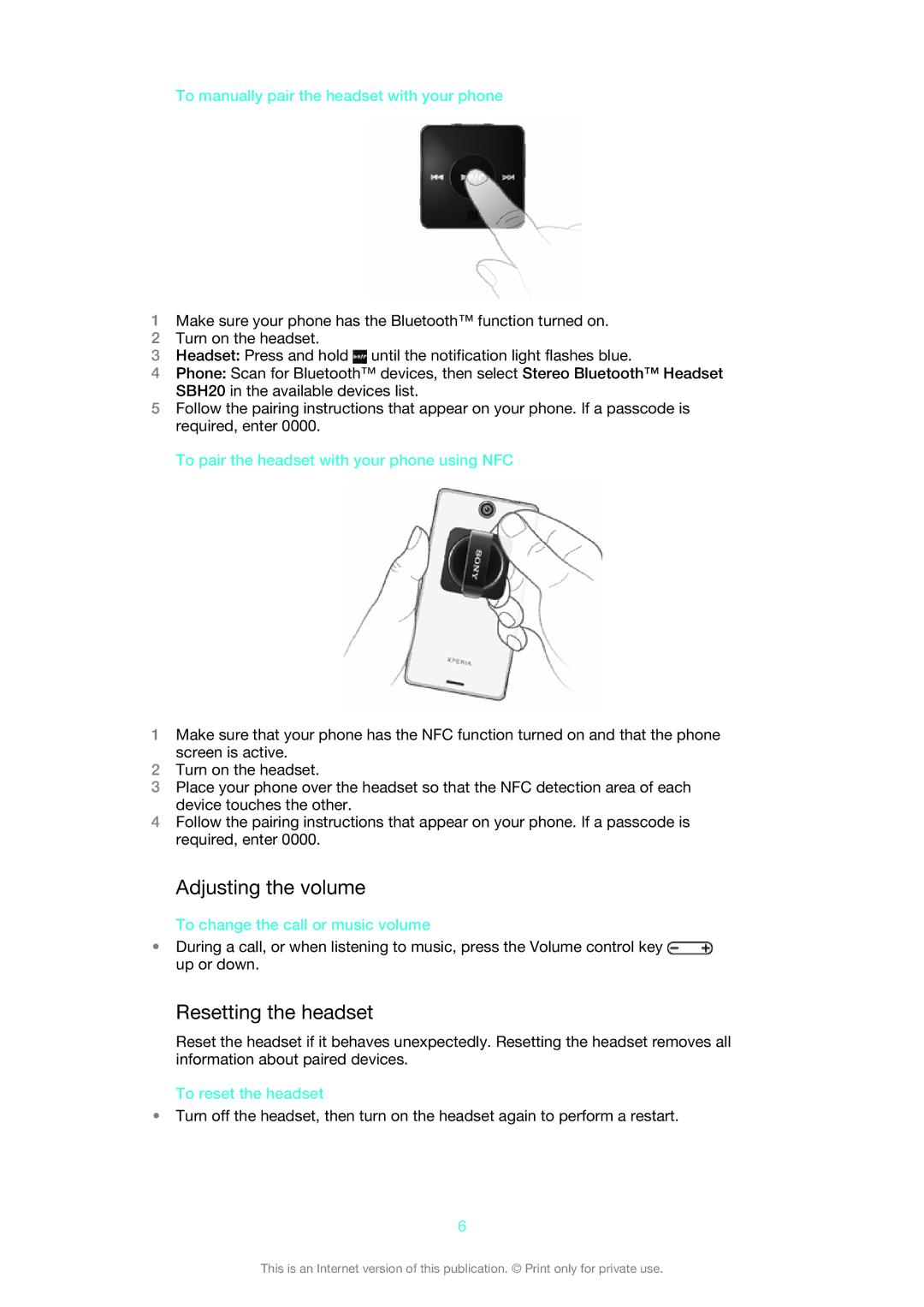 Sony 12745637, 12708070 manual Adjusting the volume, Resetting the headset 